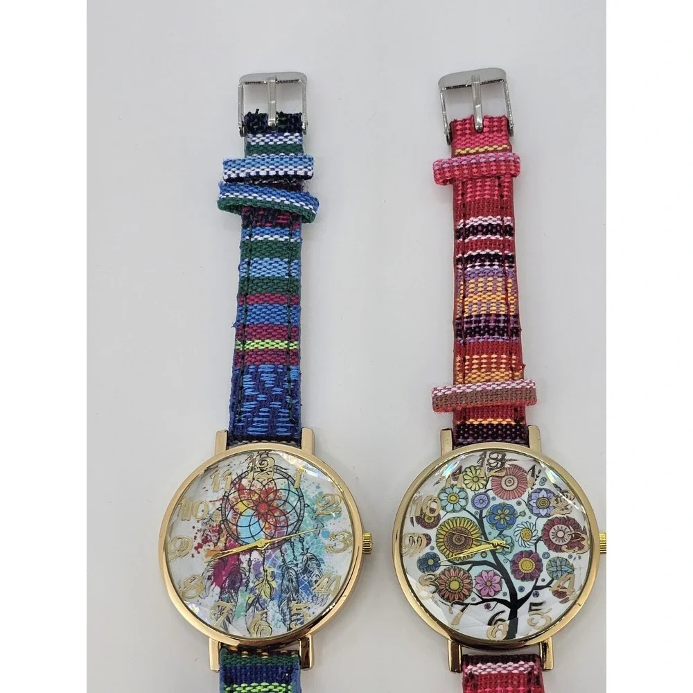 2X Women Watch 38MM Multicolor‎ Dial Multicolor Leather Fabric Bands NEW Battery
